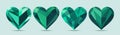 Four emerald-green hearts, gemstones, diamond, crystal on a soft mint background. Royalty Free Stock Photo