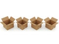 Four empty cardboard boxes in a row against a white background isolated on white background Royalty Free Stock Photo