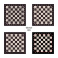 Four empty chess boards on isolated white background. Scuffs, scratched. Boards for intellectual games checkers, chess. Vector.