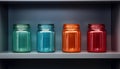 Four empty colorful preserving jars on cupboard. Concept of storage, choice, organizing