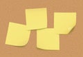 Four empty vector yellow post it notes on cork board