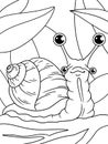 Four eyed snail in the grass. Children picture coloring, black stroke, white background.