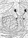 Four eyed snail in the grass. Freehand sketch for adult antistress coloring page with doodle and zentangle elements.