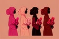 Four female silhouettes in hijabs on a pink background with flowers. Generative AI Royalty Free Stock Photo