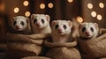 Adorable Ferrets in Burlap Sacks, Festive Christmas Lights Background Royalty Free Stock Photo