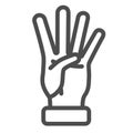 Four fingers gesture line icon, gestures concept, count numbers on palm sign on white background, hand showing four