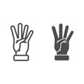 Four fingers gesture line and solid icon, gestures concept, count numbers on palm sign on white background, hand showing