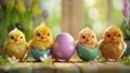 Four fluffy chicks perch curiously beside painted Easter eggs, with a backdrop of soft spring light Royalty Free Stock Photo