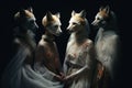 Four foxes in long white dresses stand , concept of Fashionable animals, created with Generative AI technology