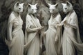 Four foxes in long white dresses stand , concept of Fashionable animals, created with Generative AI technology