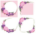 Four frame designs with pink and purple flowers