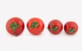 Four fresh cherry tomatoes lie in a row from the largest to the smaller. Tomatoes isolated on white background. Royalty Free Stock Photo