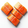 Four Fresh Salmon Fillets Arranged in a Diamond Shape, Isolated on White Background, Top View Royalty Free Stock Photo