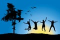 Four friends jumping on field near tree