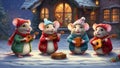 Four funny mice in knitted hats and colorful clothes sing Christmas carols and play musical instruments