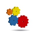 Four gears of red, orange, yellow and blue colors isolated on white background. Work team concept. Vector illustration Royalty Free Stock Photo