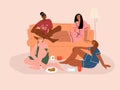 Four girls are talking sitting on the couch. Women friendship and communication. Flat vector illustration.