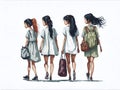 Four girls walking with their backs to the camera wearing casual clothes and sneakers