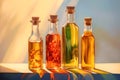 Four glass bottles with different colored versions of vegetable oils Royalty Free Stock Photo