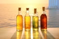 Four glass bottles with different colored versions of vegetable oils Royalty Free Stock Photo