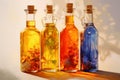 Four glass bottles with different colored versions of vegetable oils Royalty Free Stock Photo