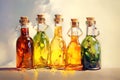 Four glass bottles with different colored versions of vegetable oils