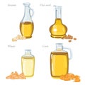 Four glass bottles with oil and oilseeds in front of them