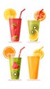 Four glasses of fresh juice with fruit slices on white background Royalty Free Stock Photo