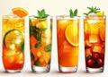 Four glasses of fruit iced tea lemonade orange and cranberry with slices of orange lemon. Royalty Free Stock Photo