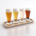 Four glasses, pints with different sorts of craft beers with foam on a wooden tray, white background. Octoberfest, bar Royalty Free Stock Photo