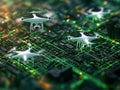 Four glowing quadcopter drones hover above a complex circuit board, casting light on its greenish structure The focus is