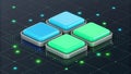 Four glowing square buttons in blue and green arranged in a diamond shape on a futuristic digital grid with glowing data points. Royalty Free Stock Photo