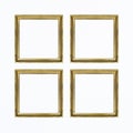 Four gold square frames for painting or picture on white background. Isolated. Add your text.