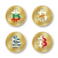 Four golden Bitcoin coins with flags of Bulgaria, Cyprus, Greece and Malta. Vector cryptocurrency icons Royalty Free Stock Photo