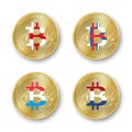 Four golden Bitcoin coins with flags of England, Faroe Islands, Luxembourg a Holland. Vector cryptocurrency icons