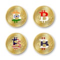 Four golden Bitcoin coins with flags of India, Indonesia, Malaysia and Thailand. Vector cryptocurrency icons