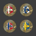 Four golden Bitcoin icons with flags of Denmark, Finland, Norway and Sweden. Cryptocurrency technology symbol