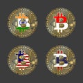 Four golden Bitcoin icons with flags of India, Indonesia, Malaysia and Thailand. Cryptocurrency technology symbol