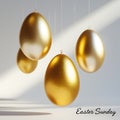 Four golden Easter eggs suspended by strings against a white backdrop with soft shadows and text Royalty Free Stock Photo