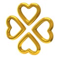Four golden hearts as four-leaf clover 3d