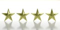 Four golden stars isolated against white, rating concept. 3d illustration