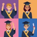 four graduates celebrating characters