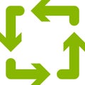 Four green arrows rotating in a clockwise direction create a seamless loop, representing a cyclical process of infinite