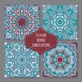 Four green and blue ethnic eastern style seamless patterns