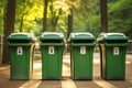 Four green recycling bins in sunlight with labels Royalty Free Stock Photo