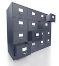 Four grey office filing cabinets with open drawers