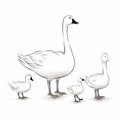 Minimalist Line Drawing Of Goose Family On White Background