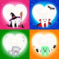 Four halloween cartoon tooth set with moon in heart shape. Royalty Free Stock Photo