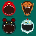 Four Halloween Character Head and Open Mouth. One Eye Monster, Wolf Man, Mouse and Creepy Gnome Character