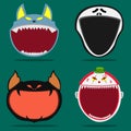 Four Halloween Character Head and Open Mouth. Wolf, Scream, Creepy Bat and Creepy Clown Character